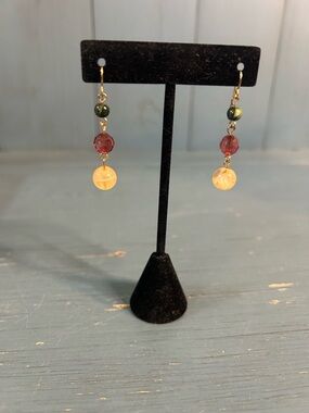 Hand Crafted Gold Earrings with Green, Purple and Yellow Beads